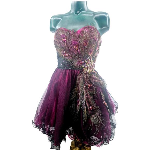 Let's Fashion Dresses & Skirts - Peacock feather Beaded Burgundy Crinoline Prom Dress Short Strapless L 3290